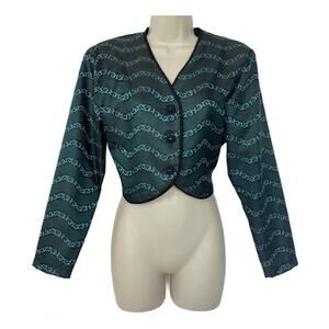 Banjo of Dallas Bolero Jacket S Womens Black Blue Stripe Satin Cropped Vintage